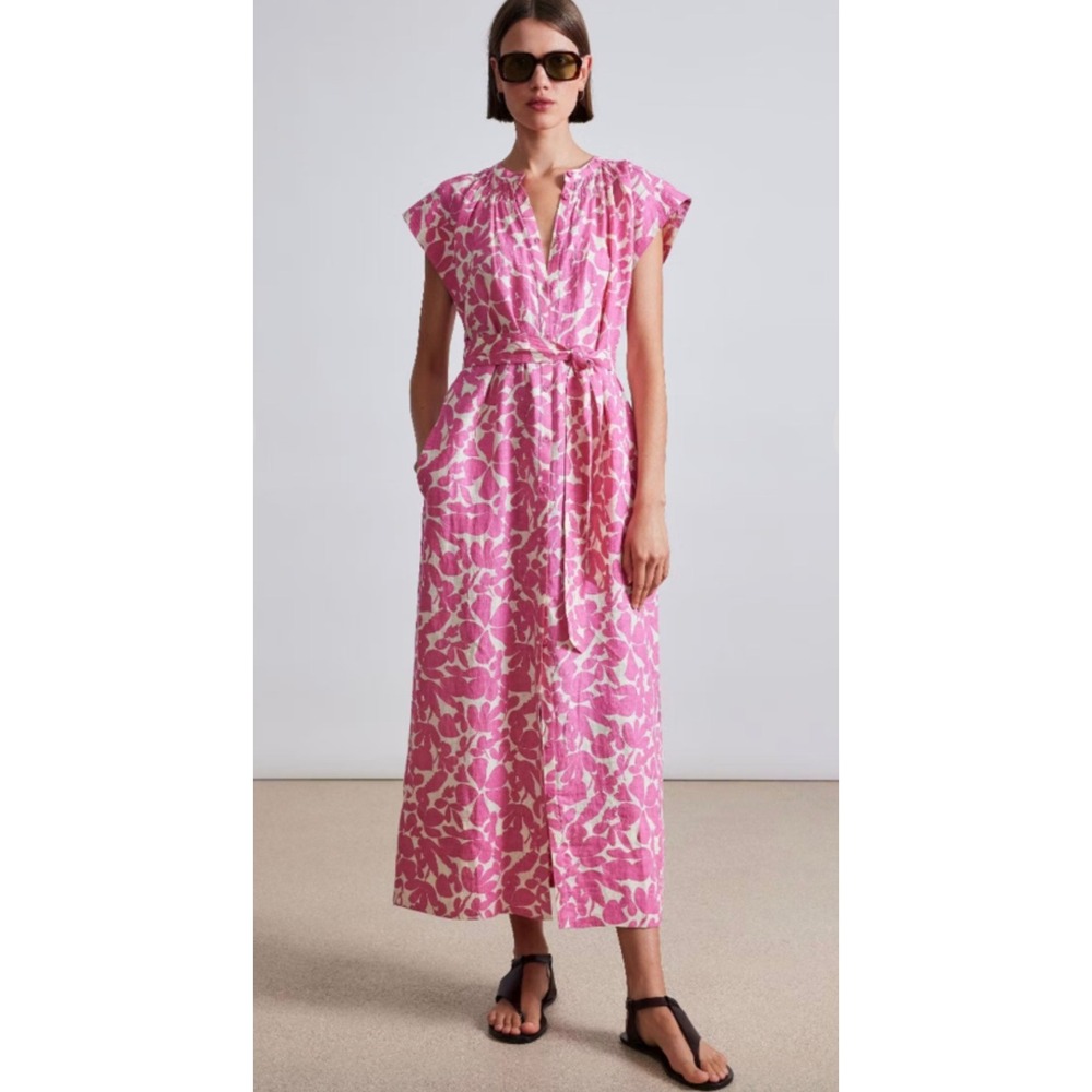 APIECE APART Mirada Maxi Dress Womens 2 Pink Burst Floral Linen Chic *No Belt